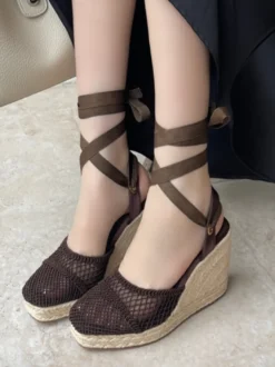 Escarpins compensés en maille pour femmes plateforme bout ouvert lacets