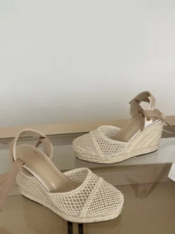 Escarpins compensés en maille pour femmes plateforme bout ouvert lacets