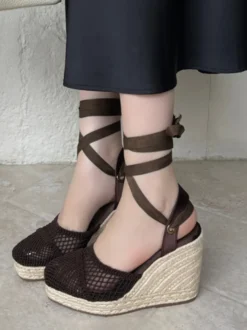 Escarpins compensés en maille pour femmes plateforme bout ouvert lacets