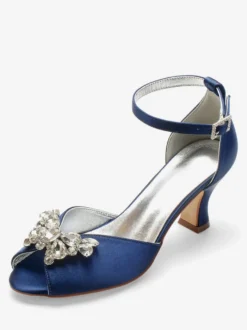 Escarpins de mariée argent bout ouvert boucle réglable talon bas décoré de diamant artificiel