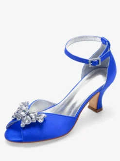 Escarpins de mariée argent bout ouvert boucle réglable talon bas décoré de diamant artificiel