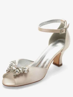 Escarpins de mariée argent bout ouvert boucle réglable talon bas décoré de diamant artificiel
