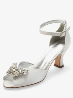 Escarpins de mariée argent bout ouvert boucle réglable talon bas décoré de diamant artificiel