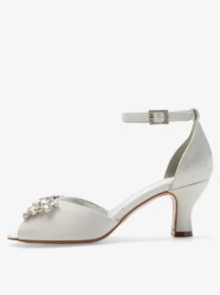Escarpins de mariée argent bout ouvert boucle réglable talon bas décoré de diamant artificiel