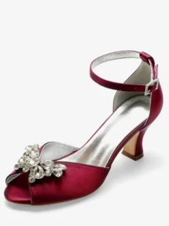 Escarpins de mariée argent bout ouvert boucle réglable talon bas décoré de diamant artificiel
