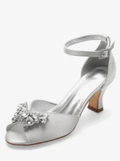 Escarpins de mariée argent bout ouvert boucle réglable talon bas décoré de diamant artificiel