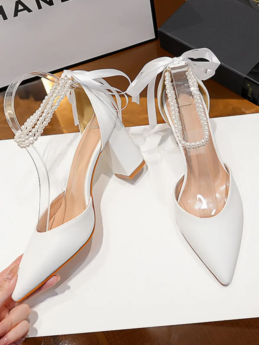 Escarpins de mariée Chaussures de mariage en cuir PU à bout pointu avec strass