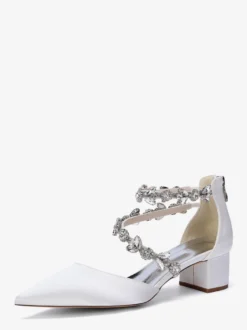 Escarpins de mariée en satin à bout pointu strass et brides talons compensés