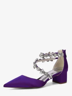 Escarpins de mariée en satin à bout pointu strass et brides talons compensés