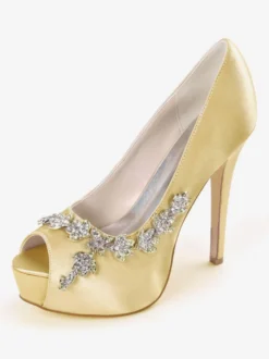 Escarpins de mariée ivoire en satin plateforme bout ouvert talon haut Chaussures de mariage