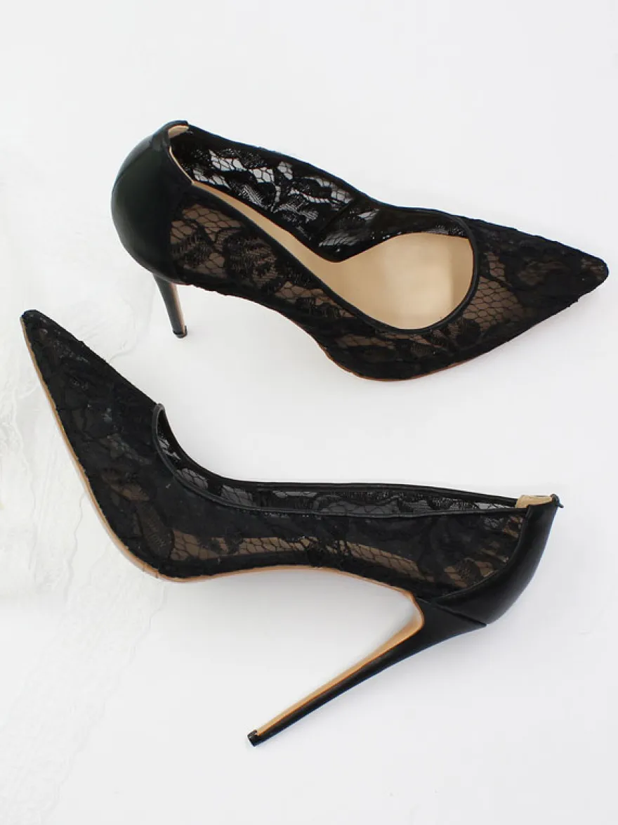 Escarpins De Mariée Transparentes En Dentelle Noire Talons Aiguilles Bout Pointu