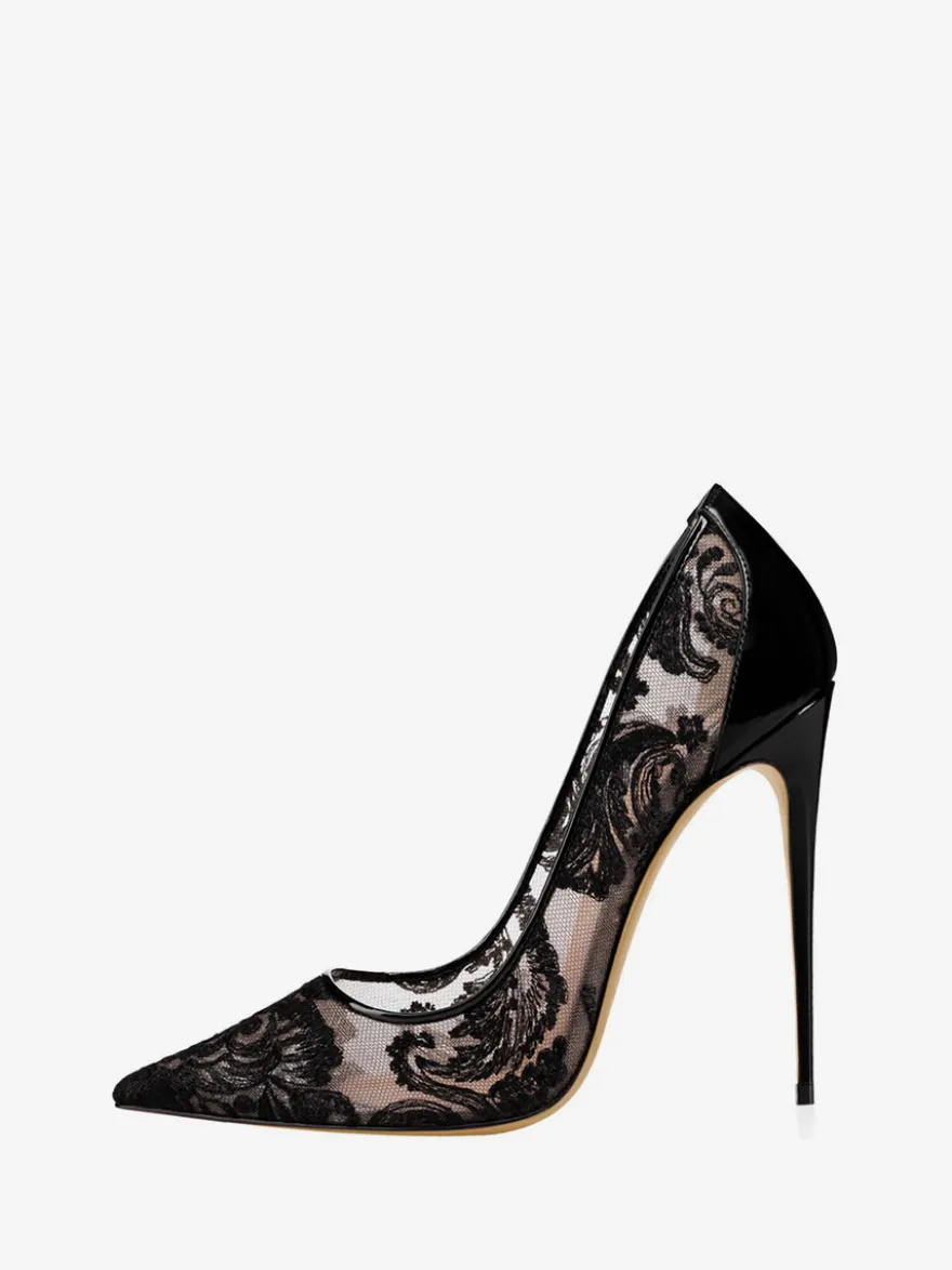 Escarpins De Mariée Transparentes En Dentelle Noire Talons Aiguilles Bout Pointu