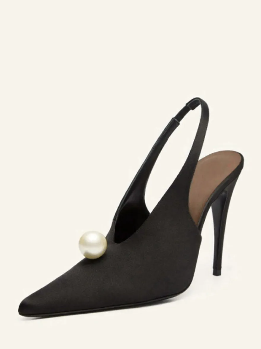Escarpins de soirée en satin pour femmes bout pointu perles bride arrière