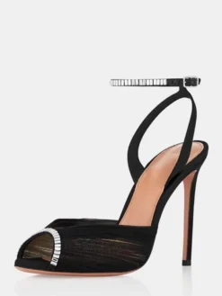 Escarpins de soirée à talons hauts en satin bout ouvert ornés de strass