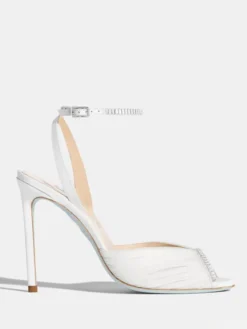 Escarpins de soirée à talons hauts en satin bout ouvert ornés de strass
