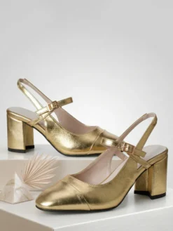 Escarpins dorés à talons compensés bout carré bride arrière chaussures de bal