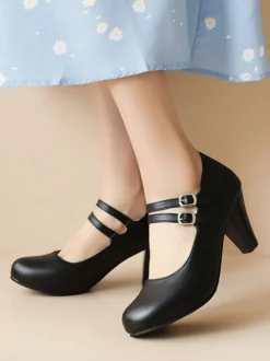 Escarpins en cuir PU Talons mi-bas Boucle Talon épais pour femmes