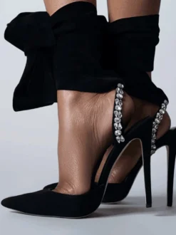 Escarpins en daim pour femmes bout pointu strass lacets bride arrière
