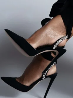 Escarpins en daim pour femmes bout pointu strass lacets bride arrière