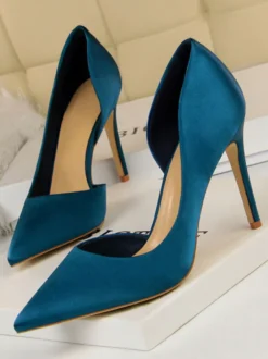 Escarpins en Satin Talons Hautes Fins Aiguilles Femmes avec Bout Pointu à Cuir Synthétique Unicolore