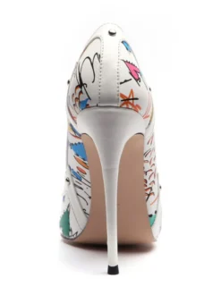 Escarpins femme talon haut bout pointu imprimerie blanche en PU