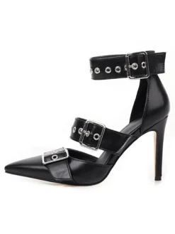 Escarpins femme talon haut noir en PU bout pointu boucle métal réglable