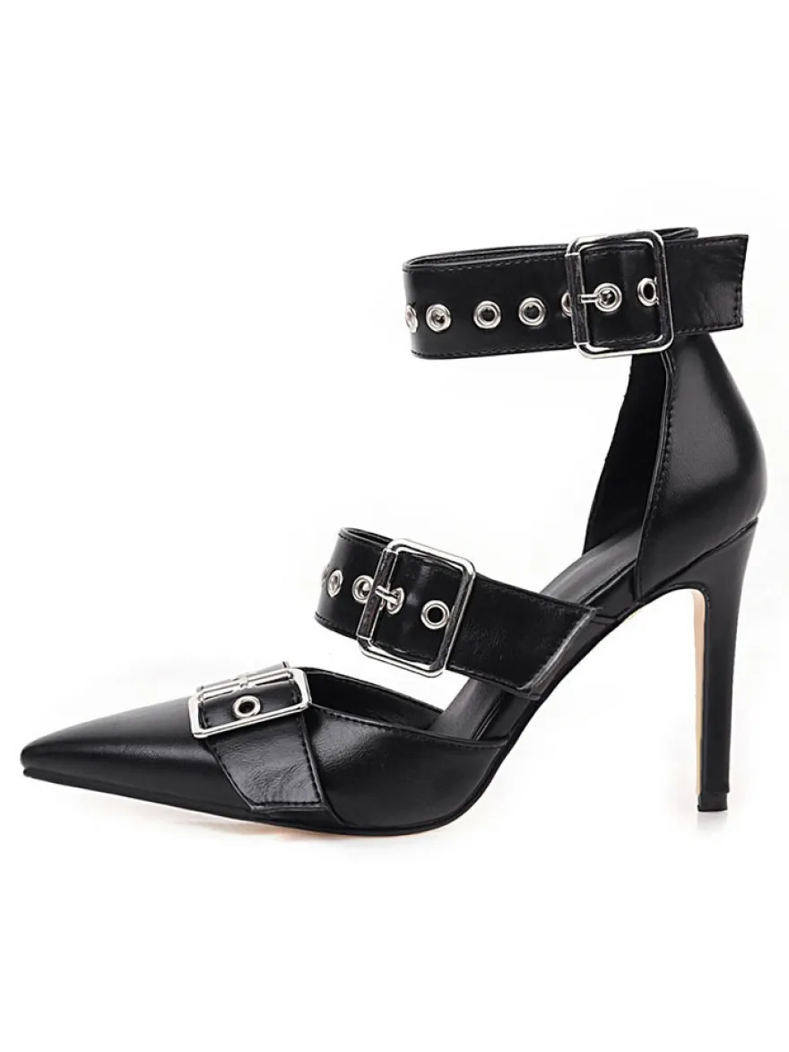 Escarpins femme talon haut noir en PU bout pointu boucle métal réglable