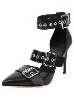 Escarpins femme talon haut noir en PU bout pointu boucle métal réglable