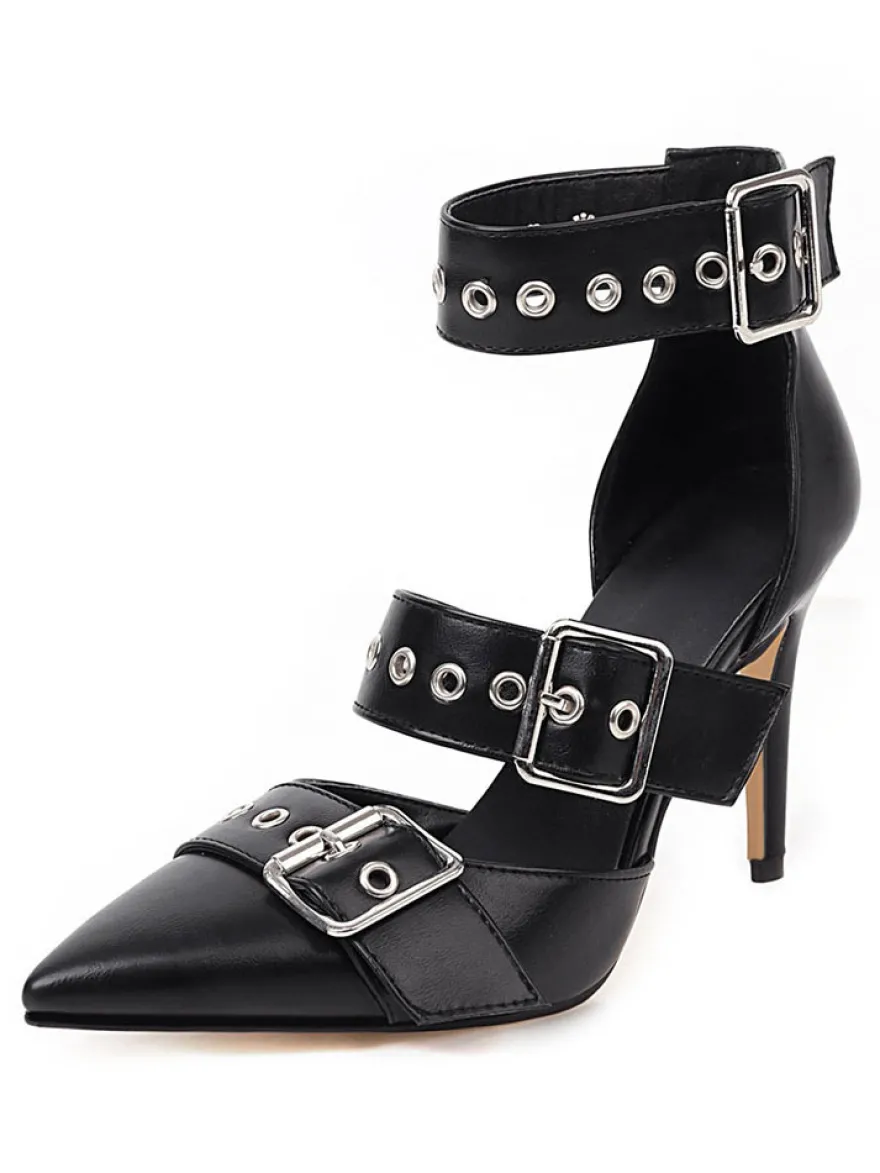 Escarpins femme talon haut noir en PU bout pointu boucle métal réglable