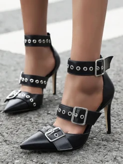 Escarpins femme talon haut noir en PU bout pointu boucle métal réglable