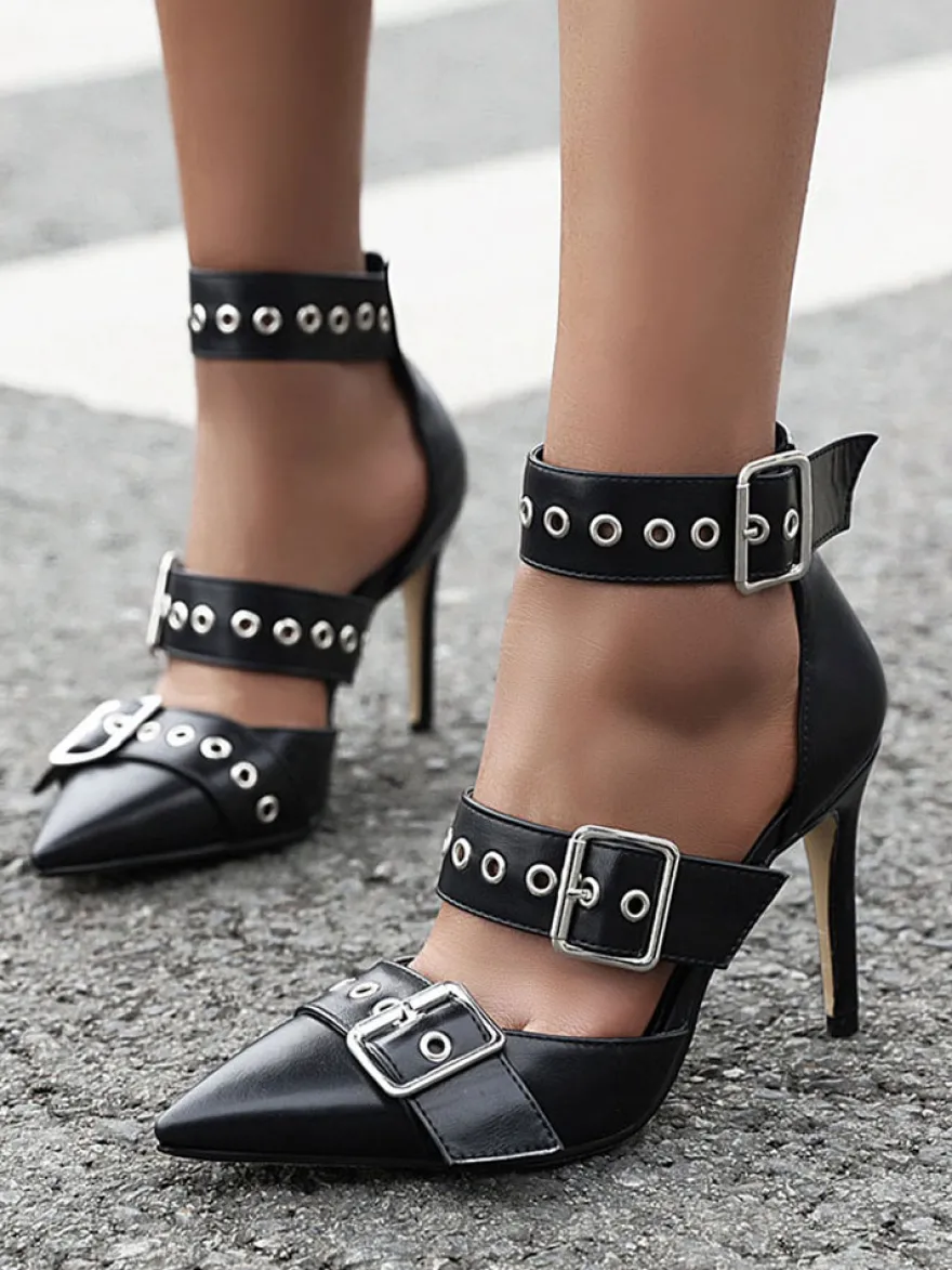 Escarpins femme talon haut noir en PU bout pointu boucle métal réglable