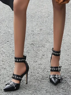 Escarpins femme talon haut noir en PU bout pointu boucle métal réglable