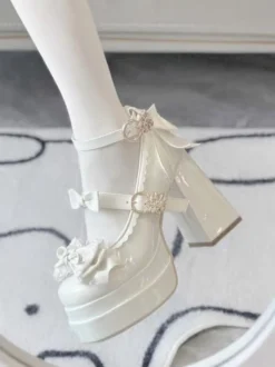Escarpins Lolita Sweet blanc écru nœuds cuir PU talon compensé