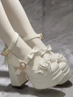 Escarpins Lolita Sweet blanc écru nœuds cuir PU talon compensé