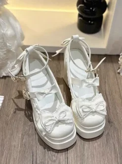 Escarpins Lolita Sweet blanc écru nœuds cuir PU talon compensé