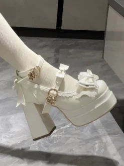 Escarpins Lolita Sweet blanc écru nœuds cuir PU talon compensé