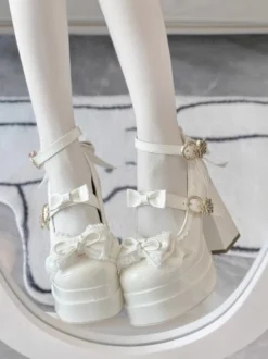 Escarpins Lolita Sweet blanc écru nœuds cuir PU talon compensé