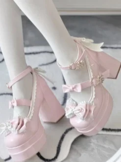 Escarpins Lolita Sweet blanc écru nœuds cuir PU talon compensé