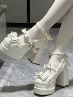 Escarpins Lolita Sweet blanc écru nœuds cuir PU talon compensé