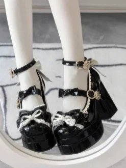 Escarpins Lolita Sweet blanc écru nœuds cuir PU talon compensé