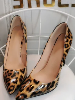 Escarpins marron café pour femmes talons aiguilles bout pointu imprimé léopard cuir verni talons sexy décontractés