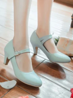 Escarpins à Mary Jane Talons Mi-Hautes à Cuir Synthétique avec Bout Rond Unicolore avec Boucles