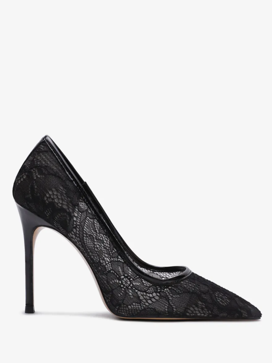 Escarpins noirs à bout pointu en dentelle à enfiler et à talons hauts