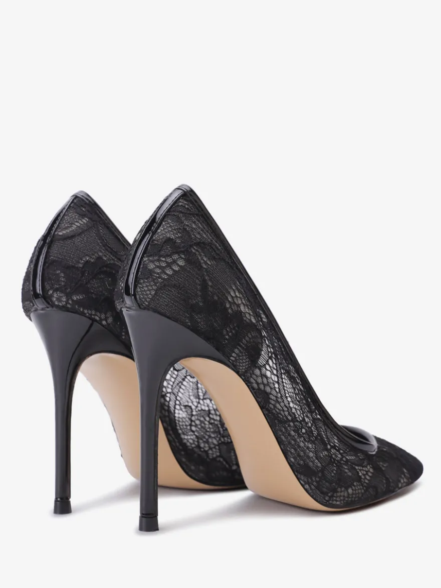 Escarpins noirs à bout pointu en dentelle à enfiler et à talons hauts