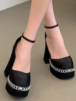 Escarpins noirs à plateforme talon épais bout carré détail chaîne chaussures de soirée à talons hauts