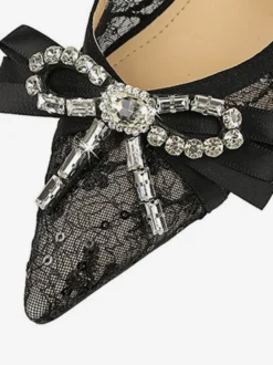 Escarpins noirs à talons hauts bout pointu lacets strass et nœud à enfiler
