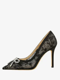Escarpins noirs à talons hauts bout pointu lacets strass et nœud à enfiler