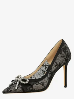 Escarpins noirs à talons hauts bout pointu lacets strass et nœud à enfiler