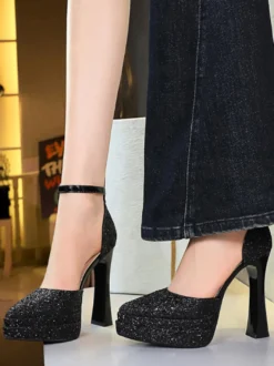 Escarpins à paillettes à plateforme et bout pointu chaussures de soirée à bride cheville