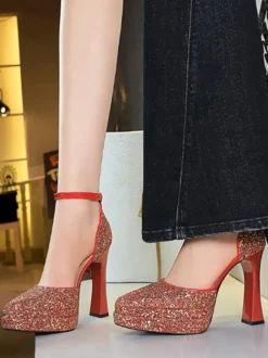 Escarpins à paillettes à plateforme et bout pointu chaussures de soirée à bride cheville